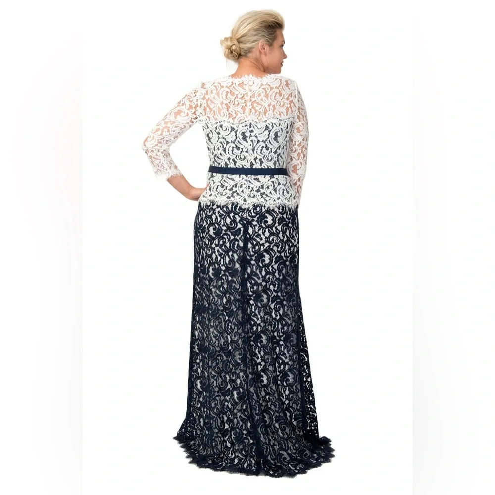 Tadashi Shoji Navy White Boatneck 3/4 Sleeve Lace Belted Black tie Gown 14 - Picture 5 of 13